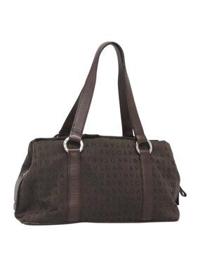 Authentic BVLGARI Logo Mania Shoulder Bag Canvas Brown Silver